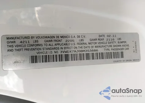 2011 Volkswagen Jetta 2.5L Se z USA, uszkodzony, nr VIN 3VWDX7AJ0BM353686